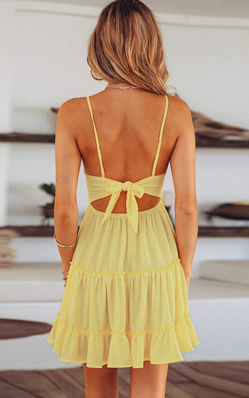 ECOWISH Summer Dresses for Women 2025 V-Neck Spaghetti Strap Bowknot Backless Sleeveless Lace Mini Swing Skater Dress Yellow Small - Image 4